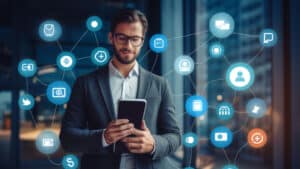 a confident loan originator holding a smartphone, with social media icons in the background