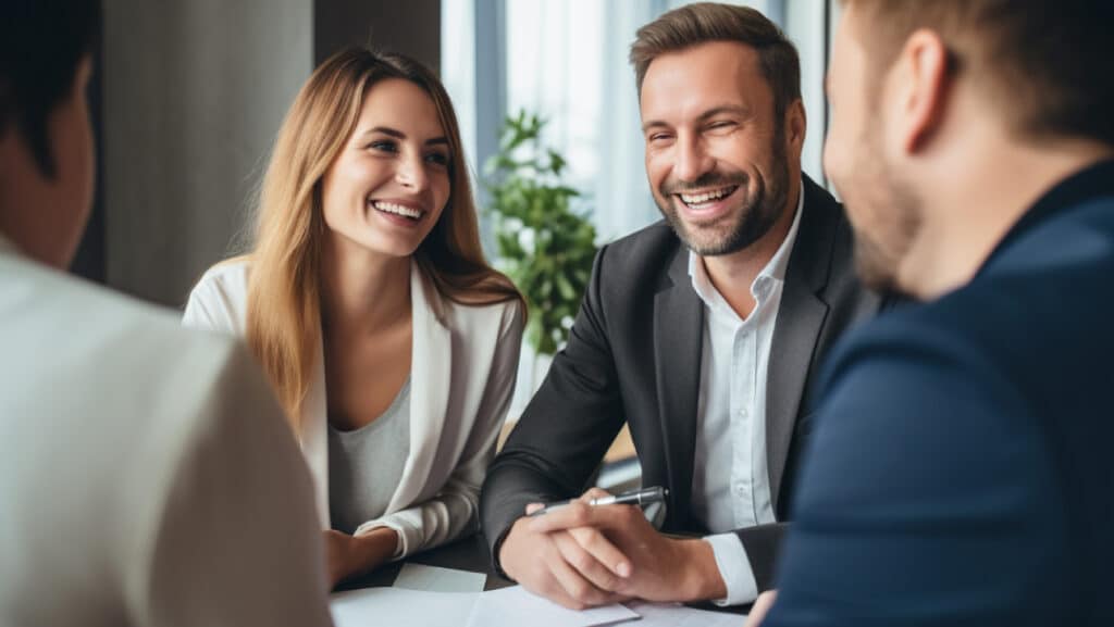 two mortgage brokers smiling brightly