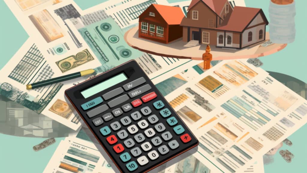 a collage of calculator, documents, bank, and a pen
