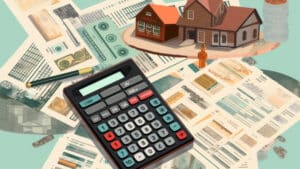 a collage of calculator, documents, bank, and a pen