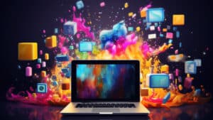 a laptop with vibrant background