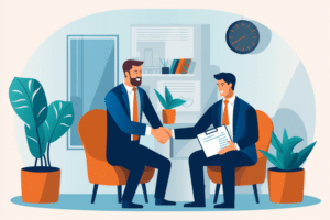 cartoon loan officer shaking a client's hand in his office
