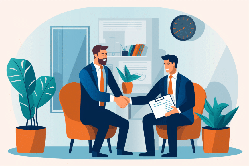 cartoon loan officer shaking a client's hand in his office