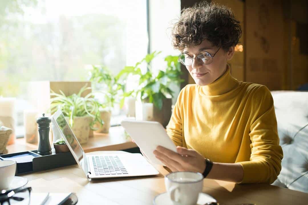 Loan officer checking her content for marketing