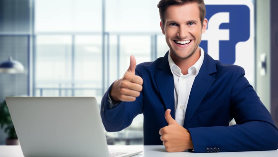 a confident loan officer doing a thumbs up with the facebook logo in the background