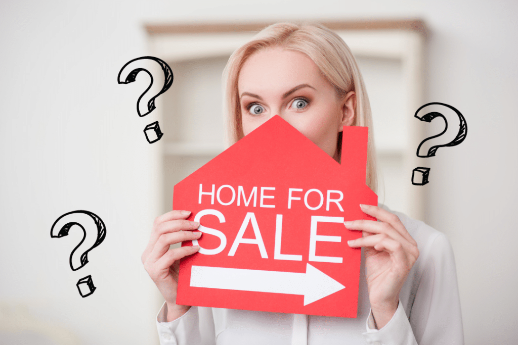 woman realtor holding up a "home for sale" sign surrounded by question marks