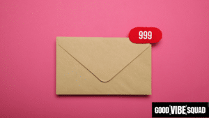 a brown envelope with a push notification displaying 999 unread emails against a pink background to represent email marketing for loan officers