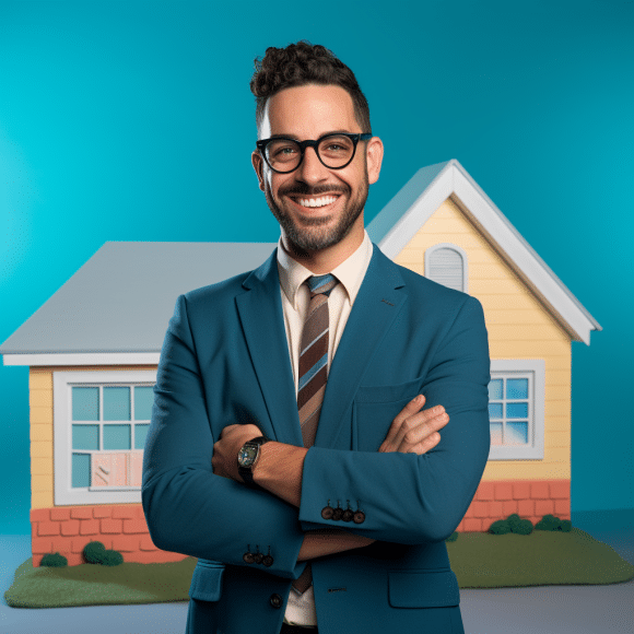 friendly realtor in a suit in front of a yellow house